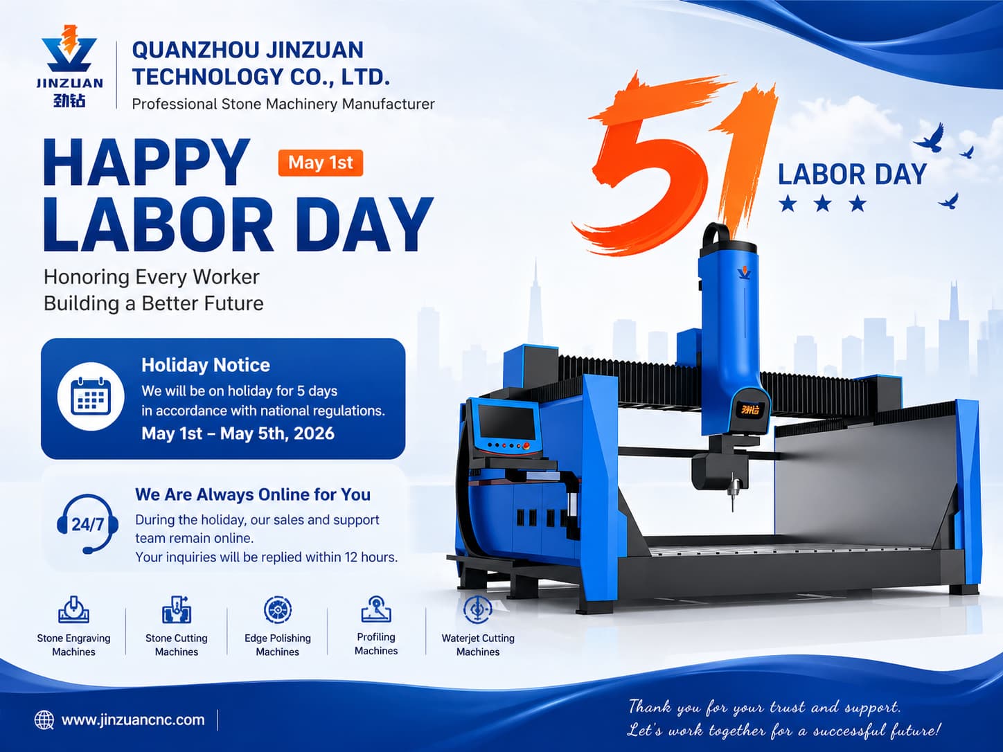 Quanzhou Jinzuan Technology Co., Ltd. anuncia el calendario de vacaciones del Día del Trabajo con apoyo global continuo.